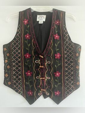 Vtg Embroidered Floral Boho Cotton Vest Cottagecore Black - Solutions Petite